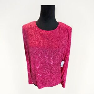 Von Maur Top Blouse  Hot Pink Sequin Long Sleeve Shirt  Key Hole Women XL NWT